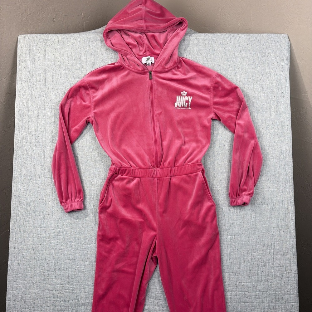 Juicy Couture Velour Preppy Pink Hooded Track Soft Jumpsuit - Size XS